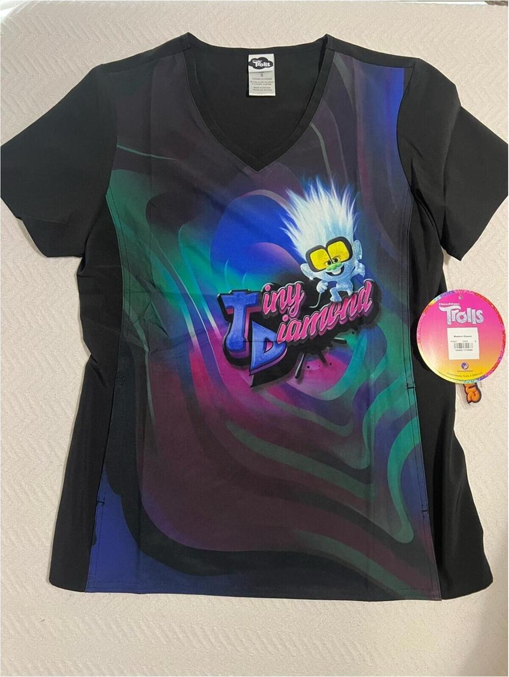 Trolls Black V-Neck Top with Multicolor Tiny Diamond Graphic scrubs Small